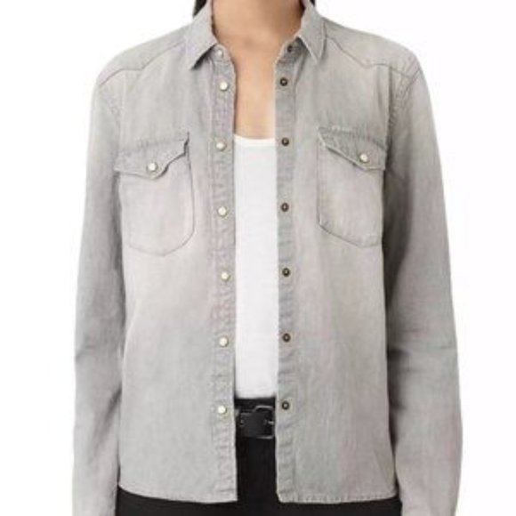 All Saints Kaia Grey Denim Button Down Shirt Size US 6 - Picture 1 of 7